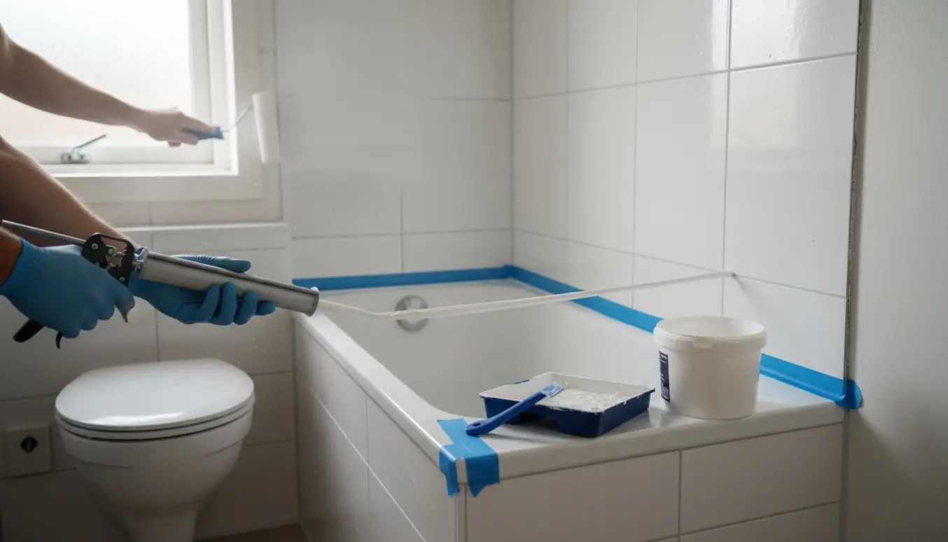 Hænder påfører hvid, vandtæt maling og fugemasse i et lille københavnerbadeværelse med bad over toilet.