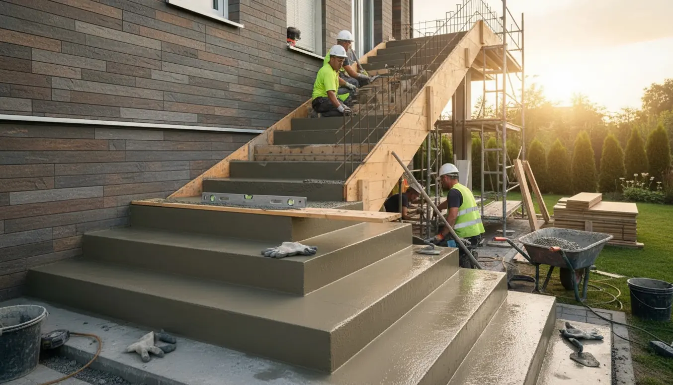 Udendørs betontrappe under opbygning langs husside med forskalling, armeringsjern og arbejdsteknikker, uden synlige ansigter.