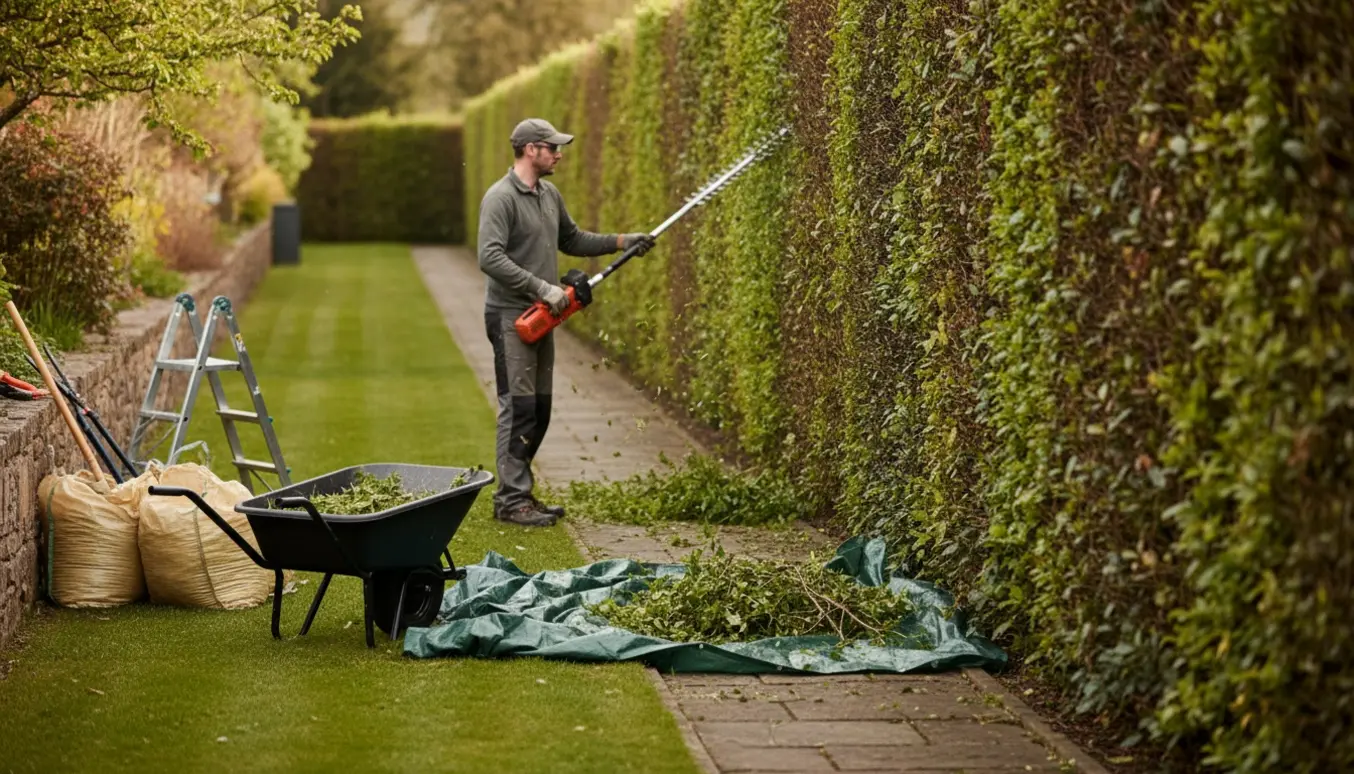 En person klipper en tre meter høj, lang hæk og samler afklippet i en trillebør.