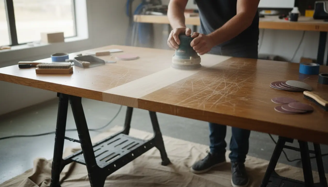 Nærbillede af hænder, der sliber en træspisebordplade med en orbitalsliber, så frisk træ og slibestøv ses.