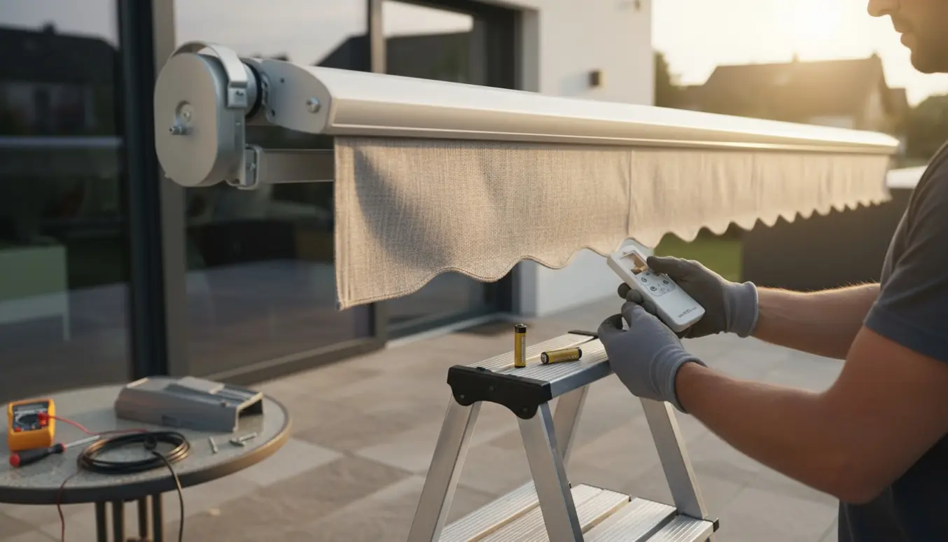 Tekniker tjekker en fastklemt terrassemarkise med fjernbetjening og værktøj.