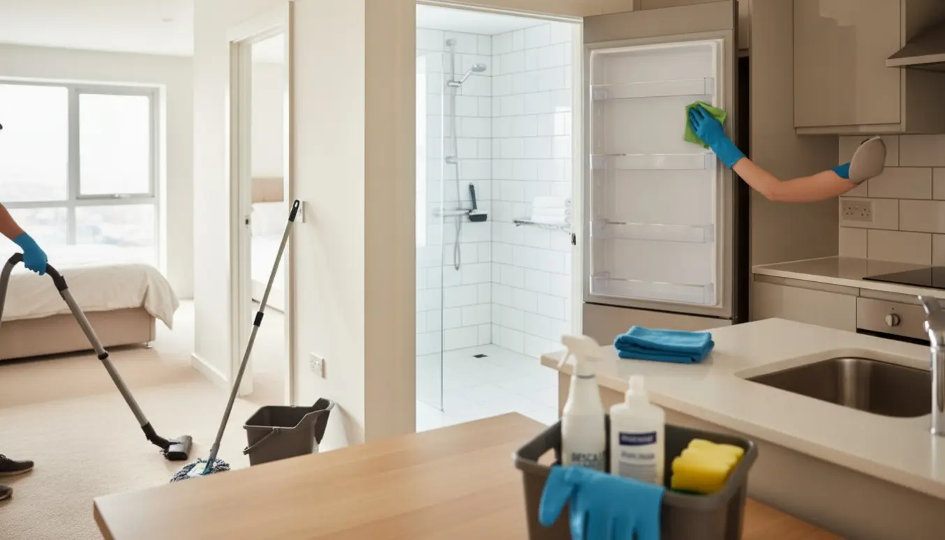 Rengjort toværelses lejlighed med rengøringsudstyr og skinnende overflader.