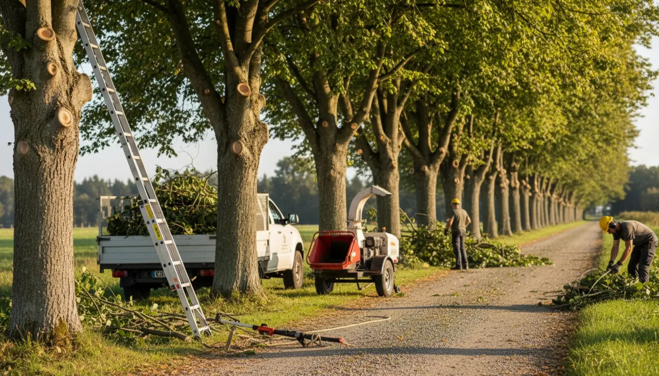 Beskæring af rækker af cirka 20 år gamle lindetræer langs en grusvej med stakke af afskårne grene og beskæringsværktøj.
