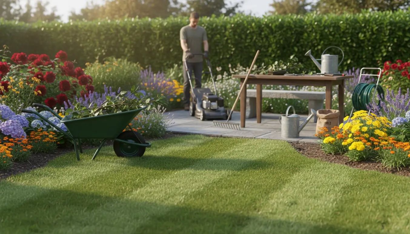 Havearbejde i en forstadshave med plæneklipning, beskæring og haveredskaber.