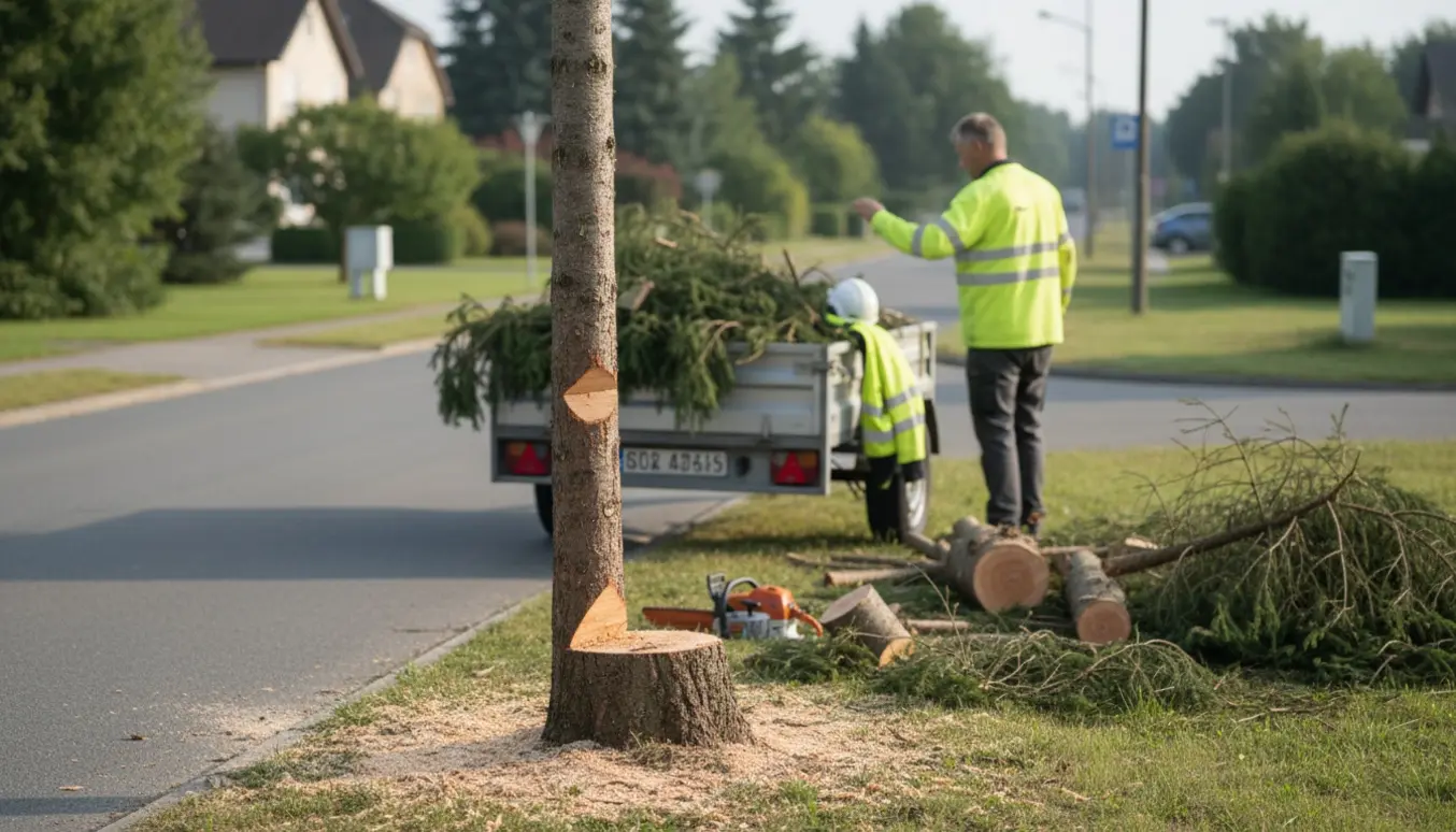 Søjlegran på 7 m ved vejkanten med 1 m stump, trailer og afklippede grene klar til bortkørsel.