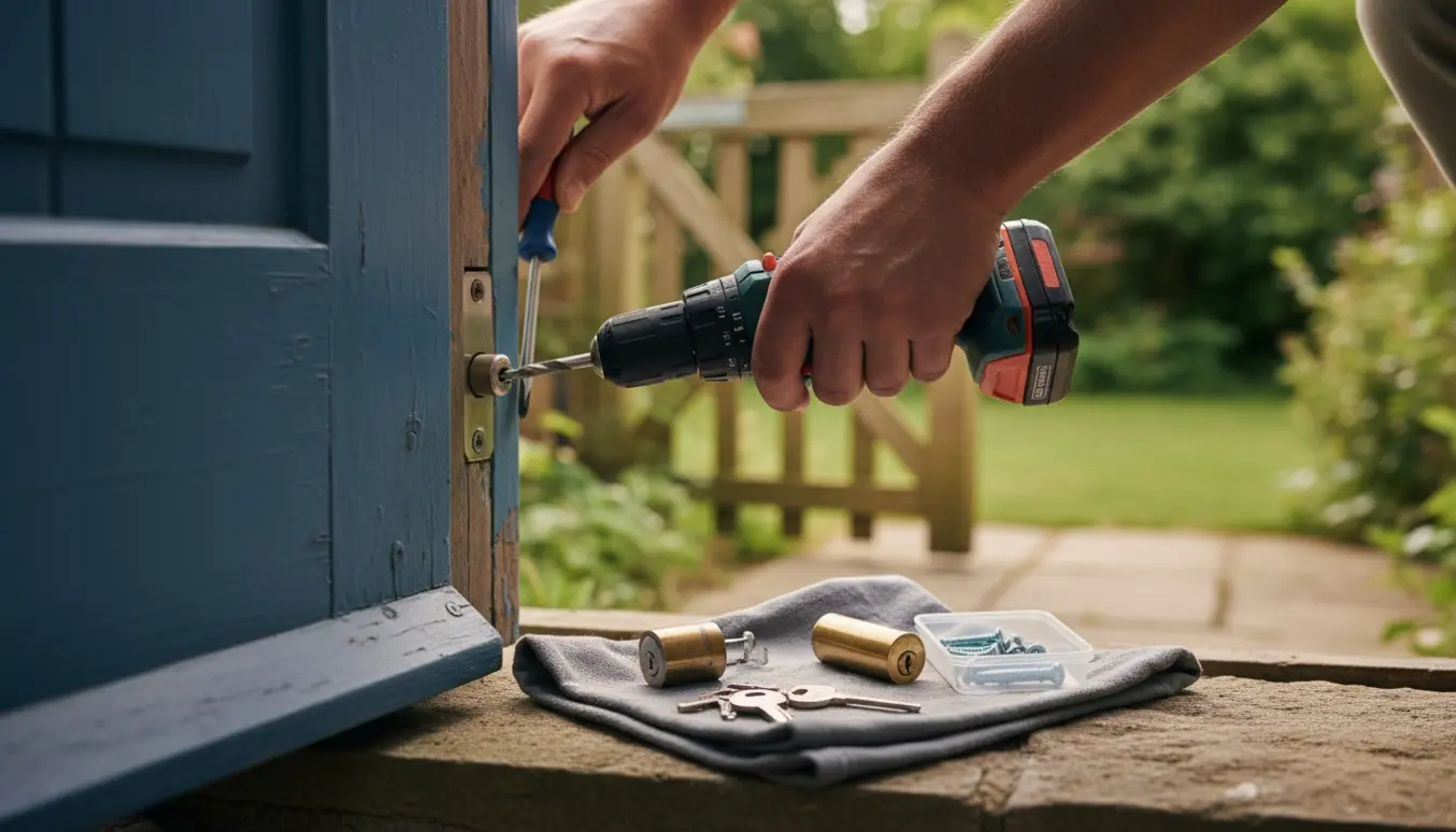 Nærbillede af hænder, der udskifter en beskadiget cylinderlås i døren til et kolonihavehus.