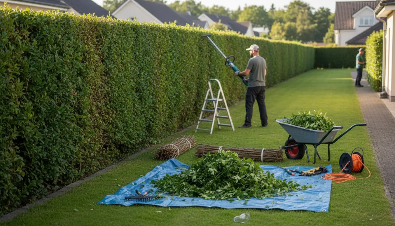 Person set bagfra klipper en ligusterhæk, med friske afklip samlet på presenning og værktøj ved siden af.