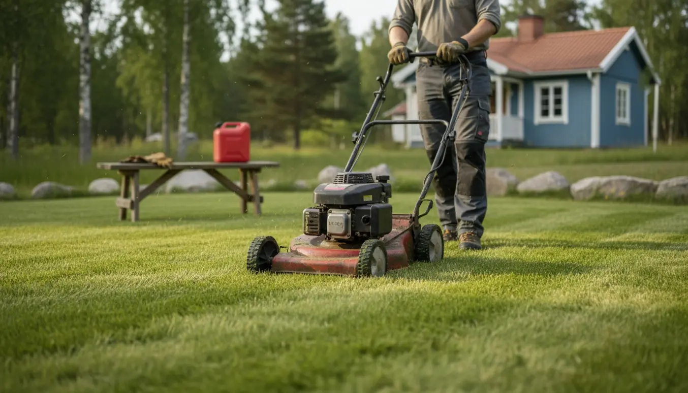 Benzindrevet græsslåmaskine klipper en velplejet græsplæne foran et lille sommerhus med tydelige striber af nyklippet og højere græs.