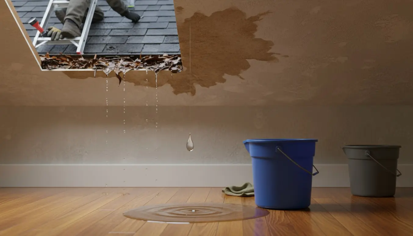 Indendørs taglækage med dryppende loft og spand, mens en person på en stige undersøger en tilstoppet, vandfyldt tagrende.