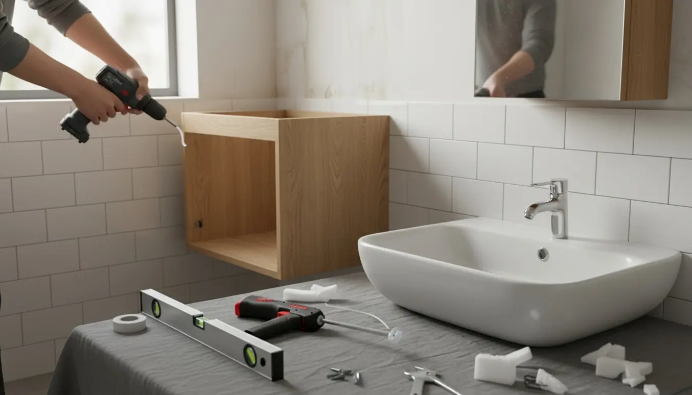 Hænder monterer et nyt væghængt badeværelsesmøbel med håndvask og spejlskab, omgivet af værktøj og monteringstilbehør.