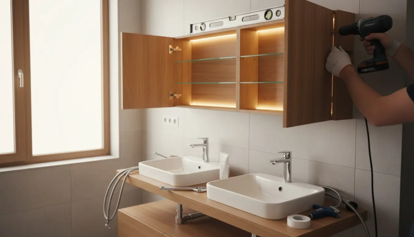 Et nyt badeværelsesskab monteres over en vask, mens et kromarmatur installeres.