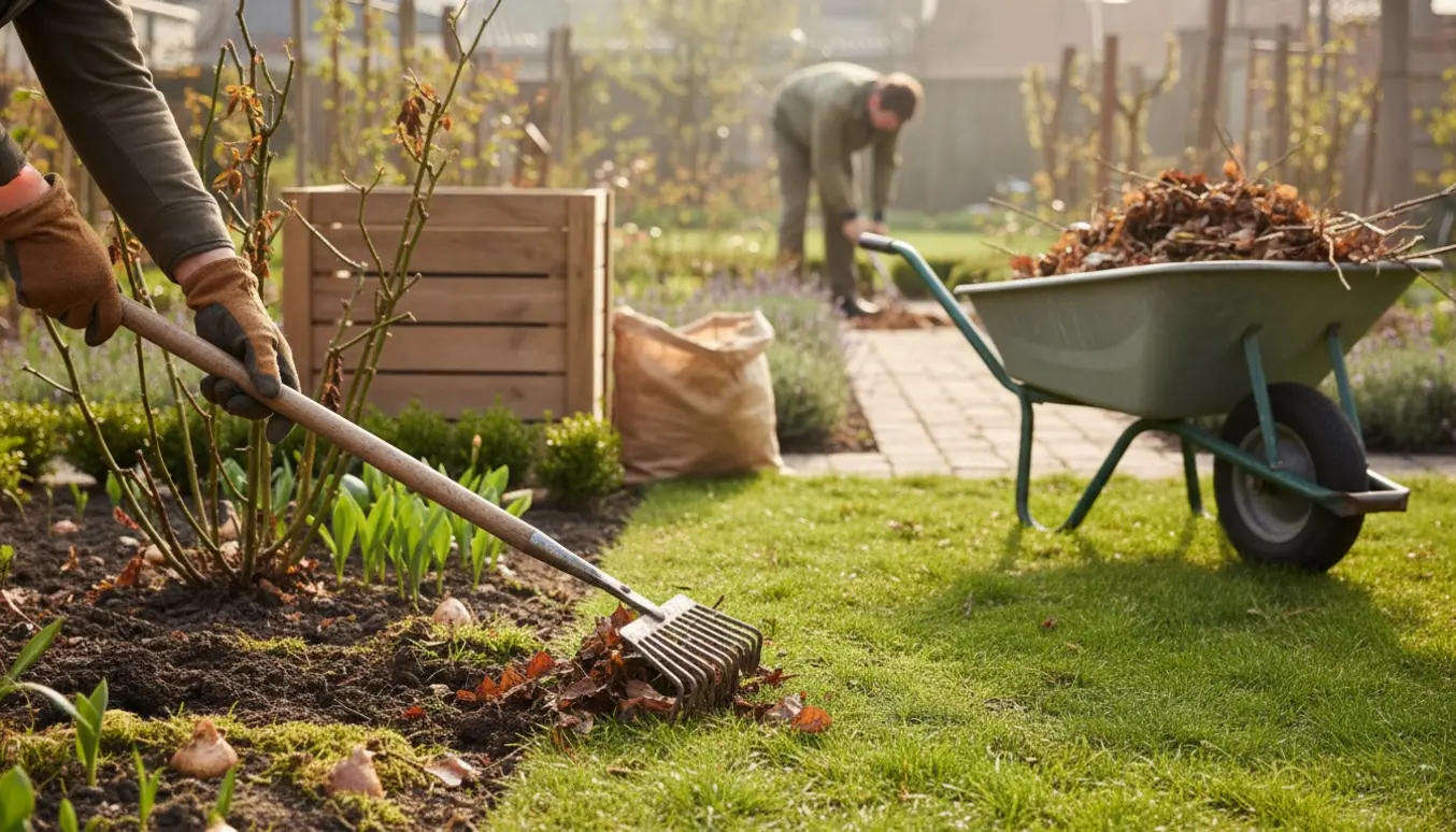 Hænder i havehandsker river blade og fylder en trillebør under forårsrengøring af haven i morgensol.