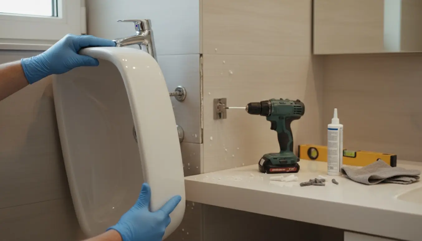 Et håndvask er ved at løsne sig i venstre side; hænder støtter vasken og strammer beslag ved en flisevæg.