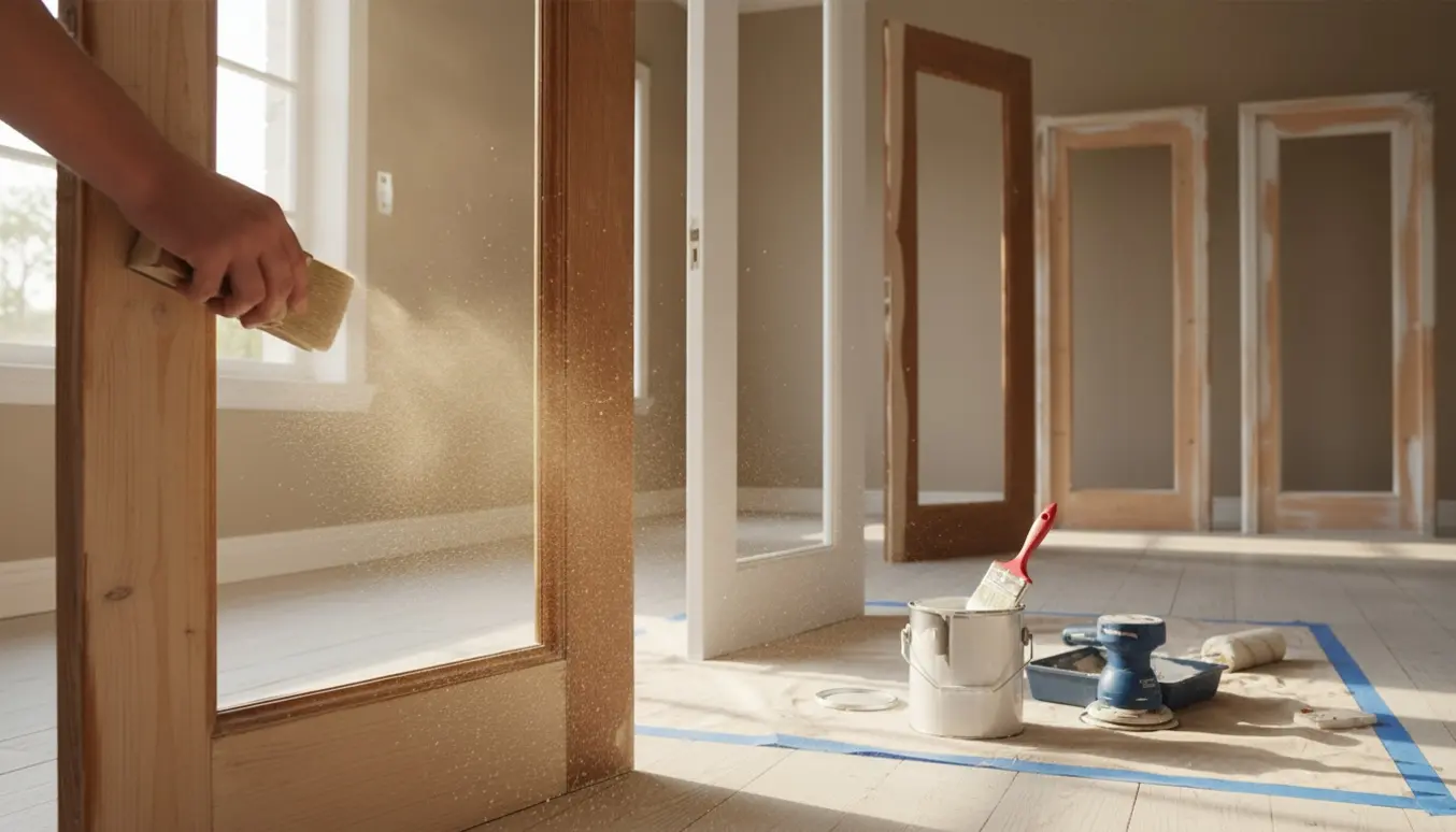 Solbelyst gang med seks dørkarme, hvor en dørkarm slibes og andre er delvist malet hvide med værktøj på afdækningsdug.