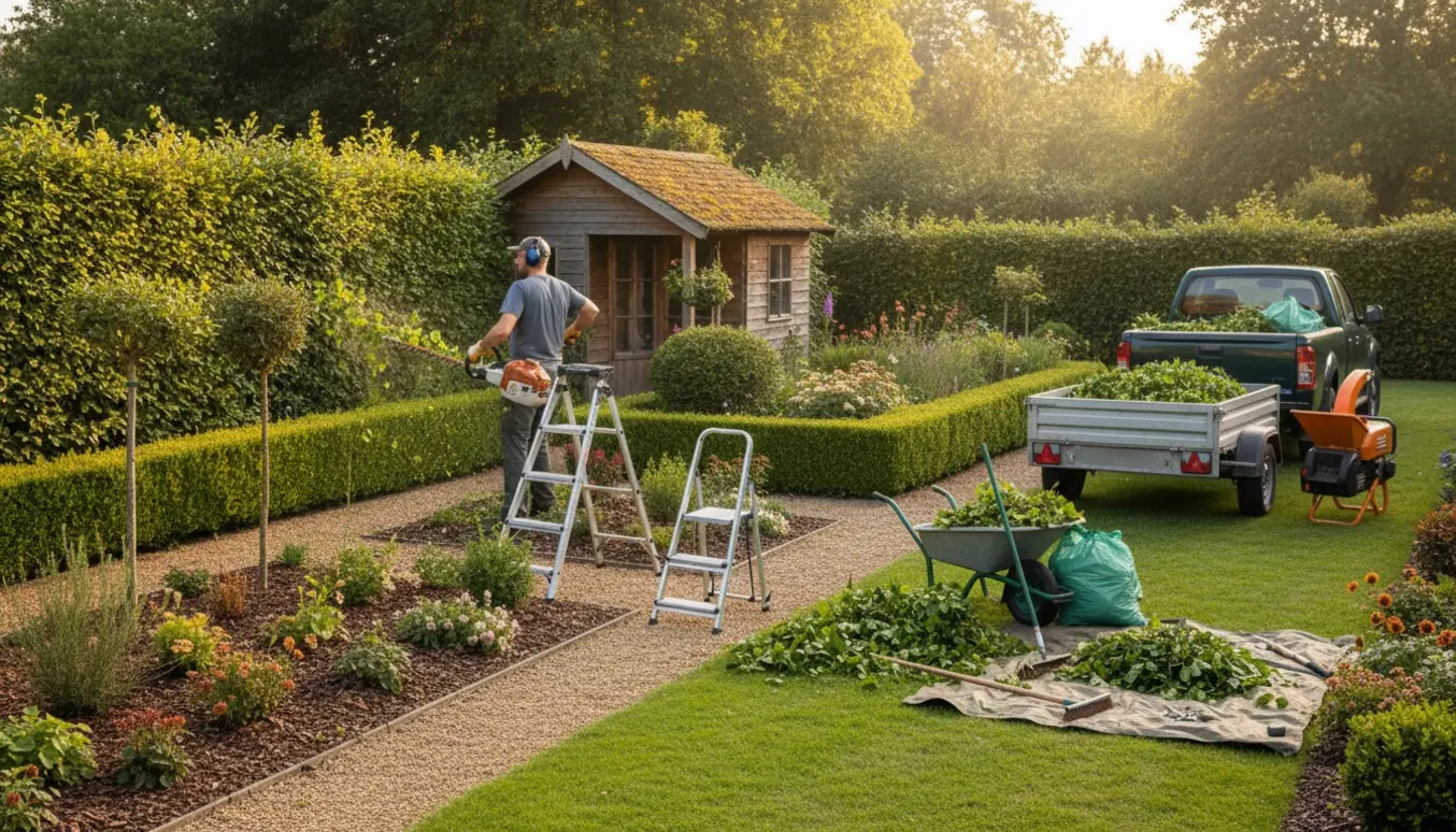 Motorhækkeklipper klipper en lang bøgehæk med bunker af afklip, trailer og skur i baggrunden.