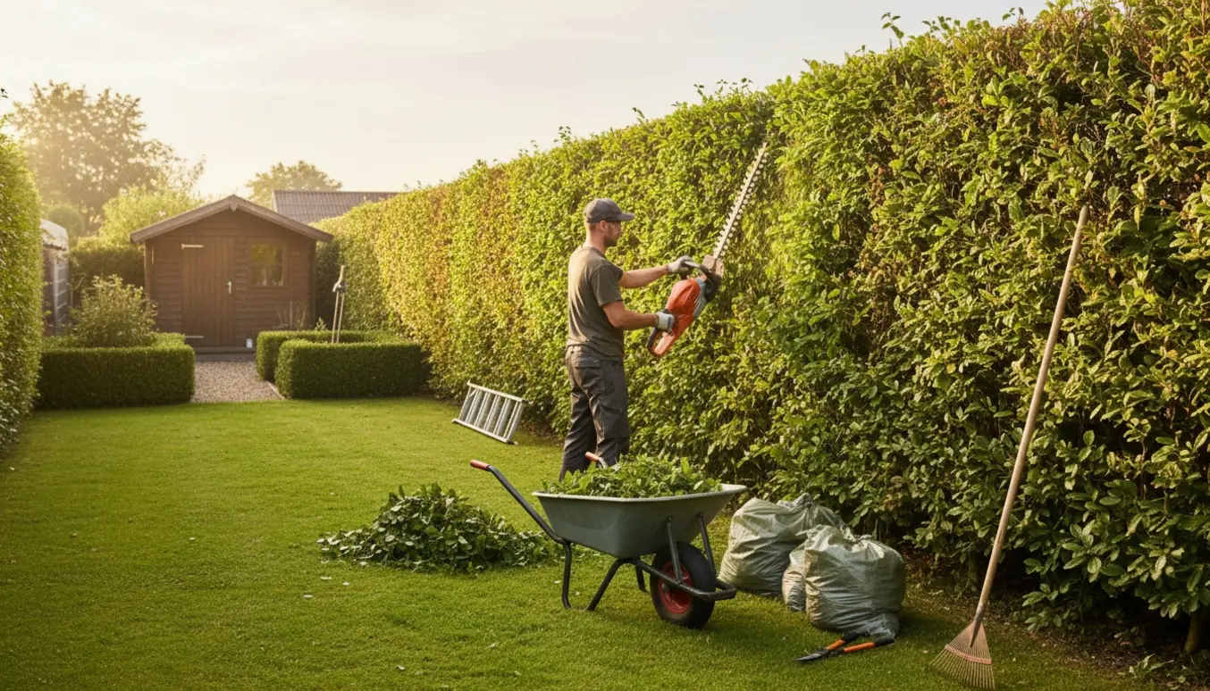 Person klipper en høj hæk med trillebør og affaldssække klar til bortskaffelse i en kolonihave.