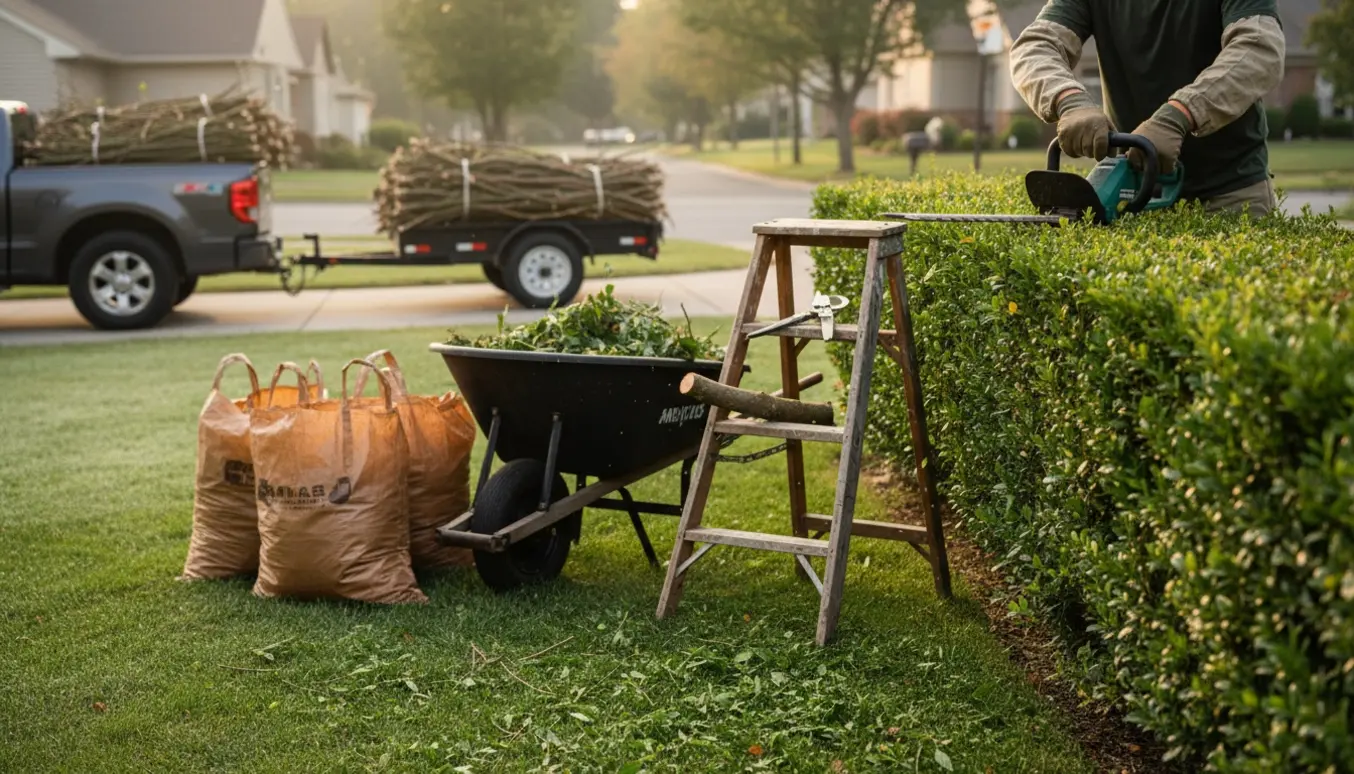 Hækklipning og beskæring i en villahave med trillebør og trailer fyldt med grønt affald klar til afhentning.