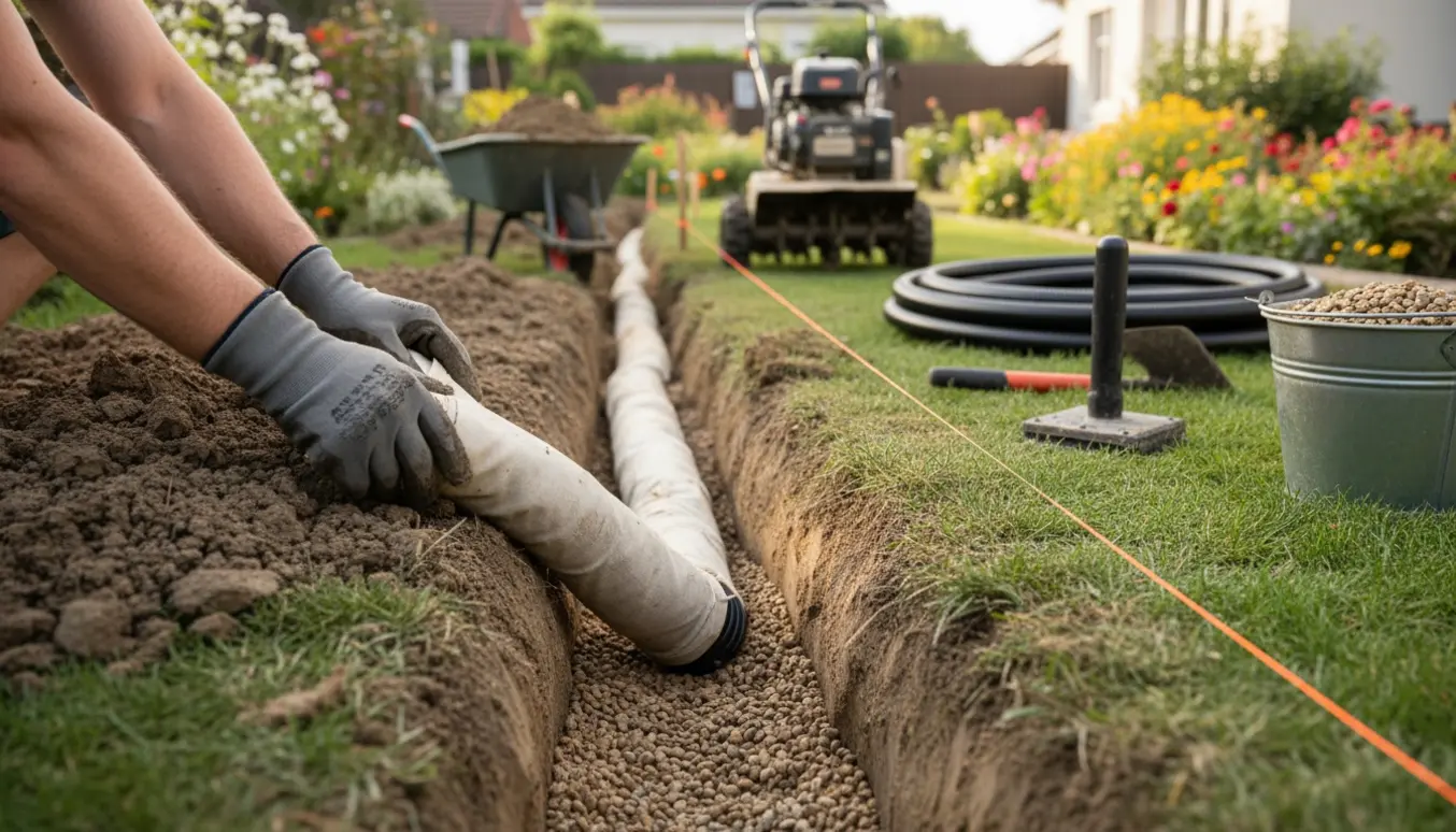 Person lægger et perforeret drænrør i en gravet rende i en have med tung lerjord og grus.