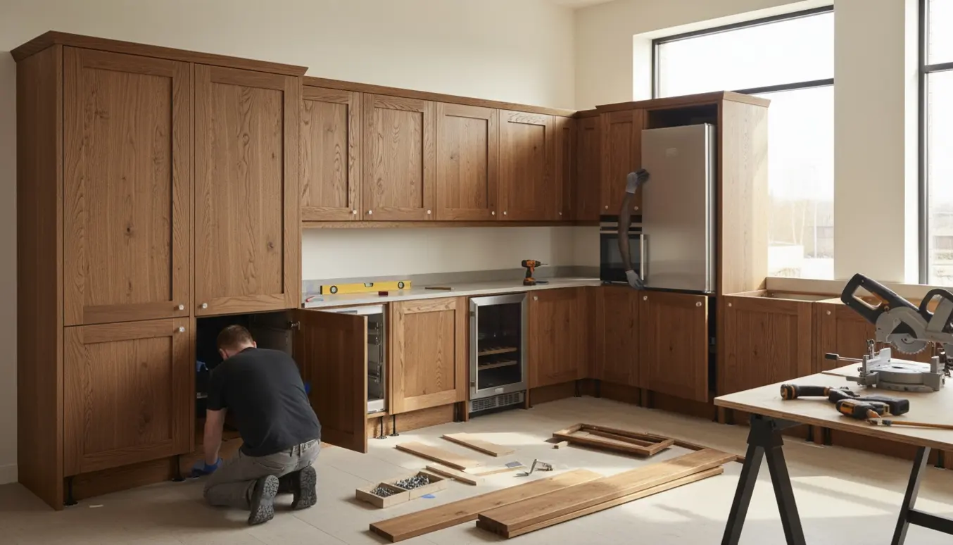 Montage af massive trækøkkenmoduler fra en udstilling med værktøj og sokkel under opbygning.