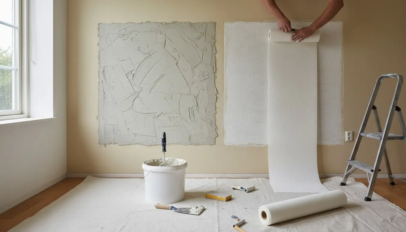 Hænder og værktøj spartler og sætter filt op på to cirka 1x1 m vægafsnit efter afmonteret skab.