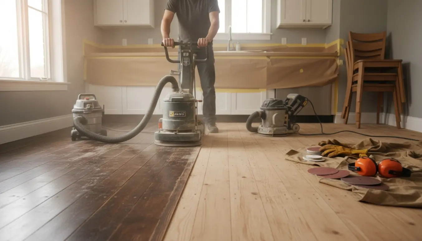 Gulvslibning i et lille køkken med slibemaskine og tydelig forskel mellem slidt og nyslebet trægulv.