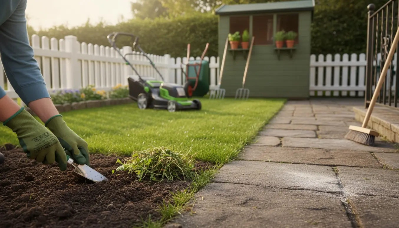 Nærbillede af vedligeholdelse i en lille rækkehushave med lugning af jordbed, nyklippet græs og fejekost på fliserne.