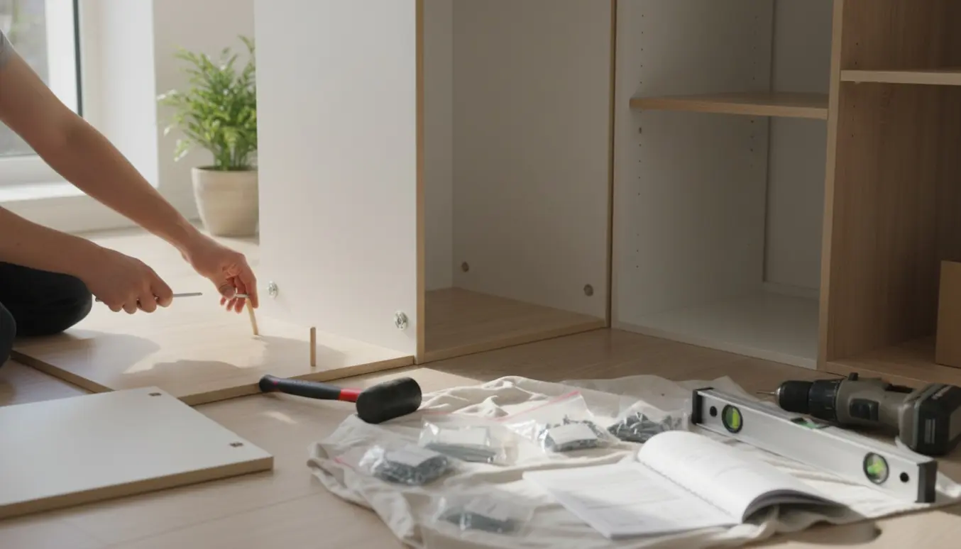 Hænder samler et fladtpakket garderobeskab med paneler og værktøj på et lyst trægulv.