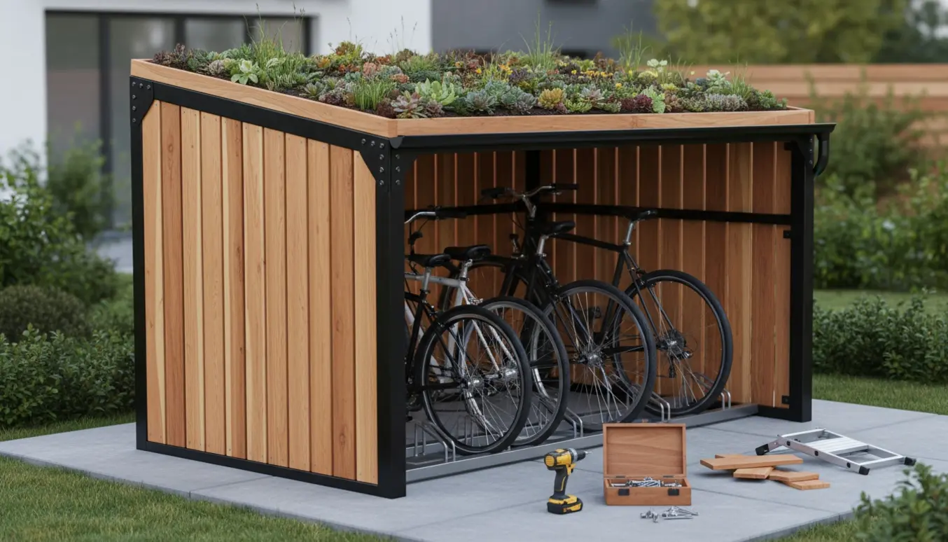 Nybygget cykelskur til fire cykler med grønt sedumtag og værktøj på fliserne.