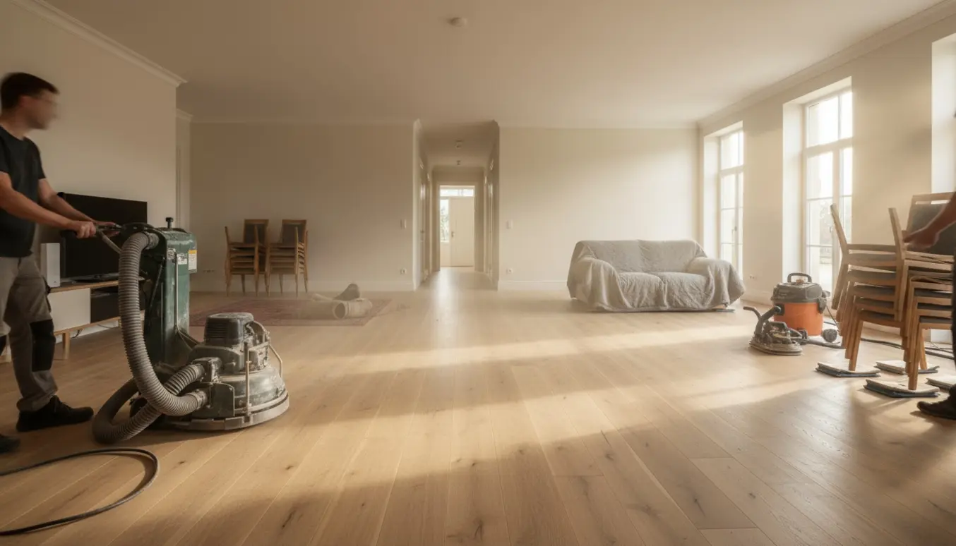 Hyperrealistisk foto af gulvafslibning i sammenhængende stuer og gang med flyttede møbler og maskiner.