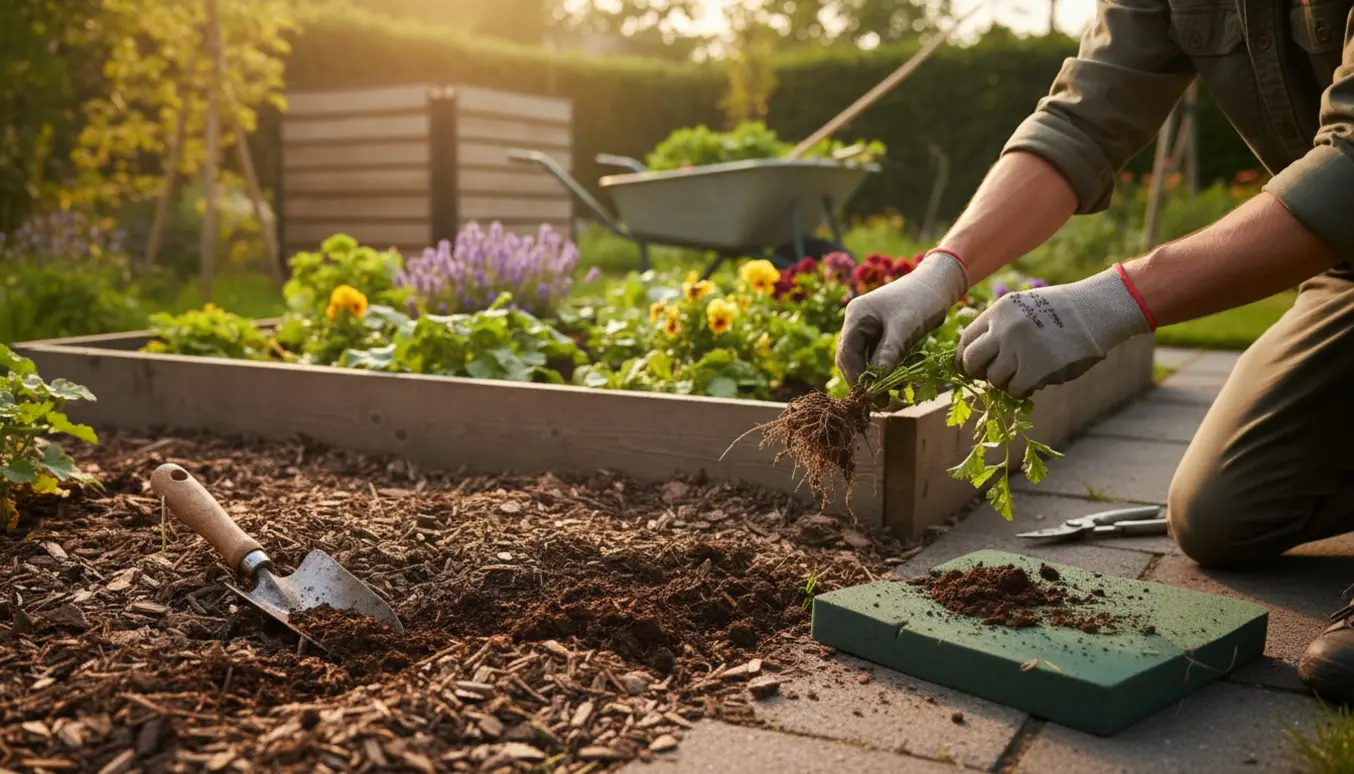 Hænder i havehandsker fjerner ukrudt fra et blomsterbed i en velplejet have.