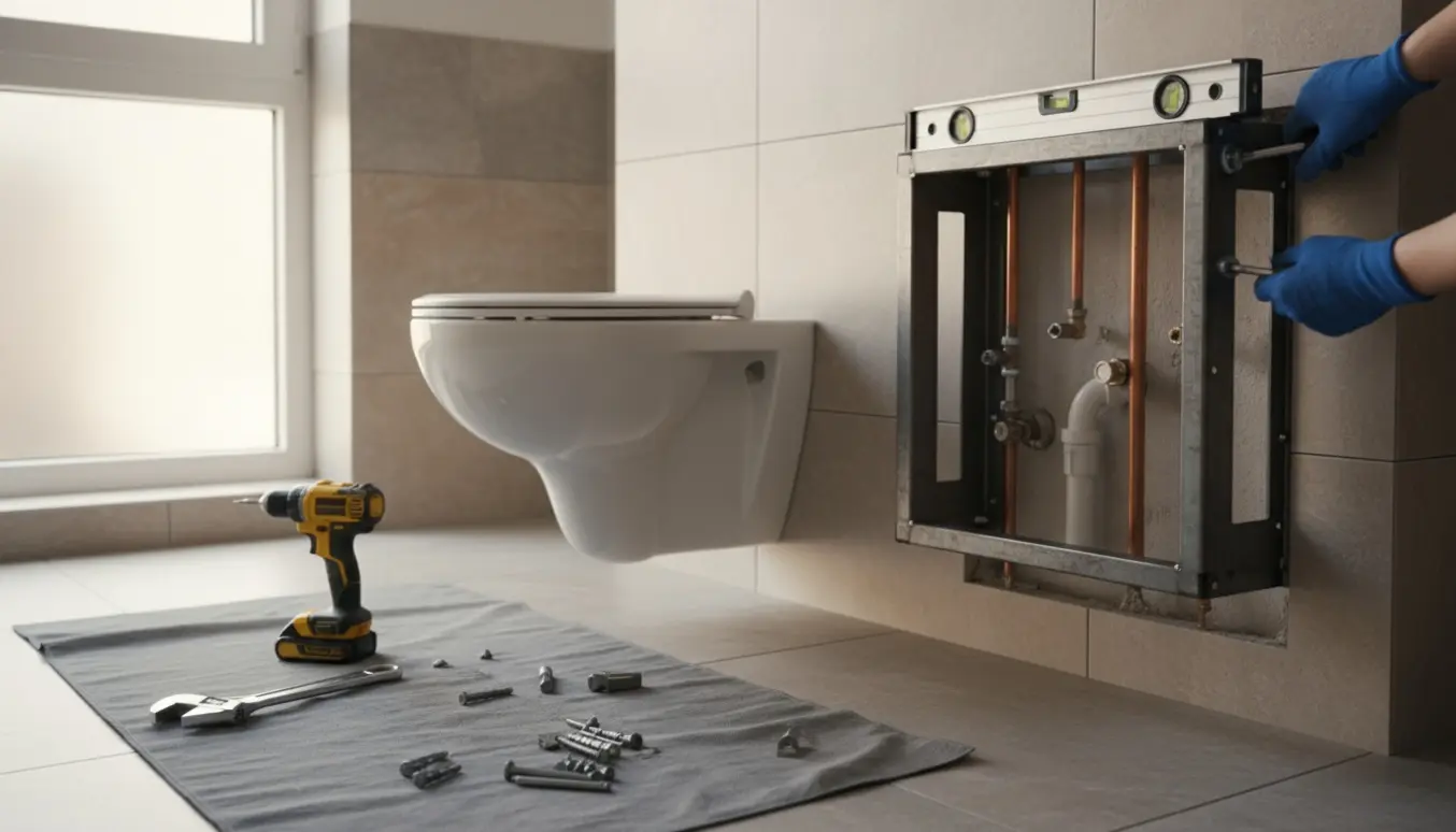 Håndværker justerer en indbygningscisterne i et lyst badeværelse med et nyt væghængt toilet klar til montering.