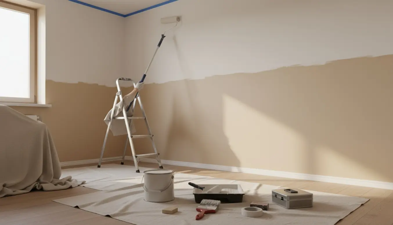 Maler maler vægge og loft i en lille 9 m² stue med rulle og værktøj fremme.