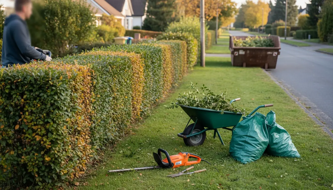 Ligusterhæk klippes i september med el-hækkeklipper, trillebør, grønne sække og container til hækkeaffald.