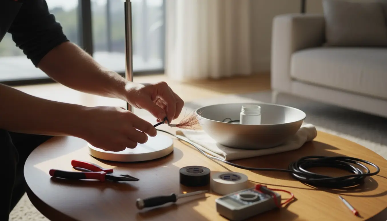 Hænder reparerer en beskadiget ledning på en Taccia-designlampe med værktøj på et træbord i et lyst, moderne rum.