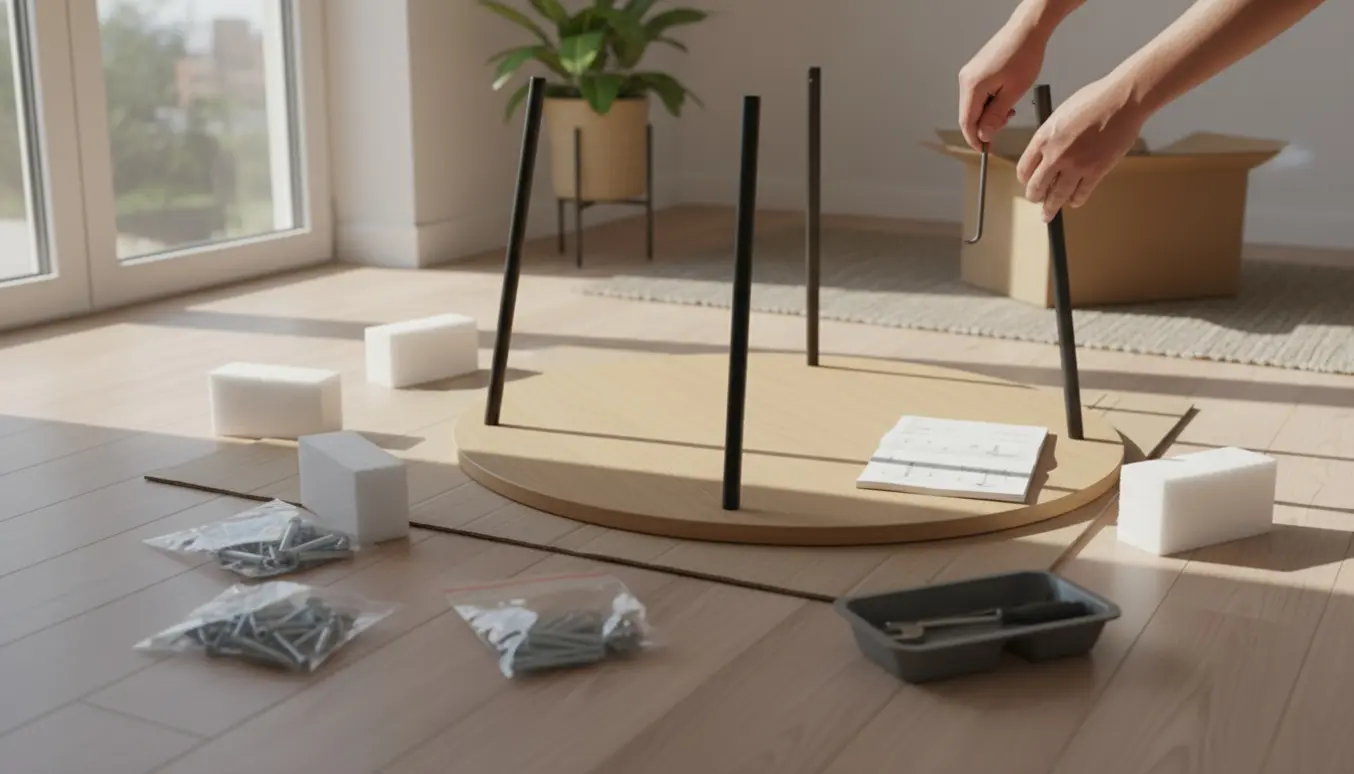 Nærbillede af hænder, der monterer ben på et rundt spisebord i lyst skandinavisk rum.