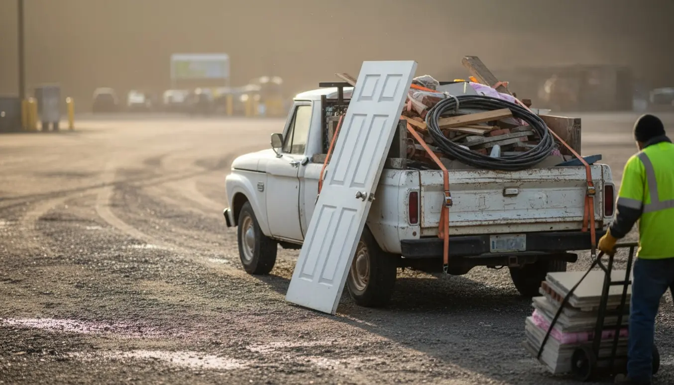 En lastbil læsset med byggeaffald og to døre ved en genbrugsplads klar til kørsel til lossepladsen.