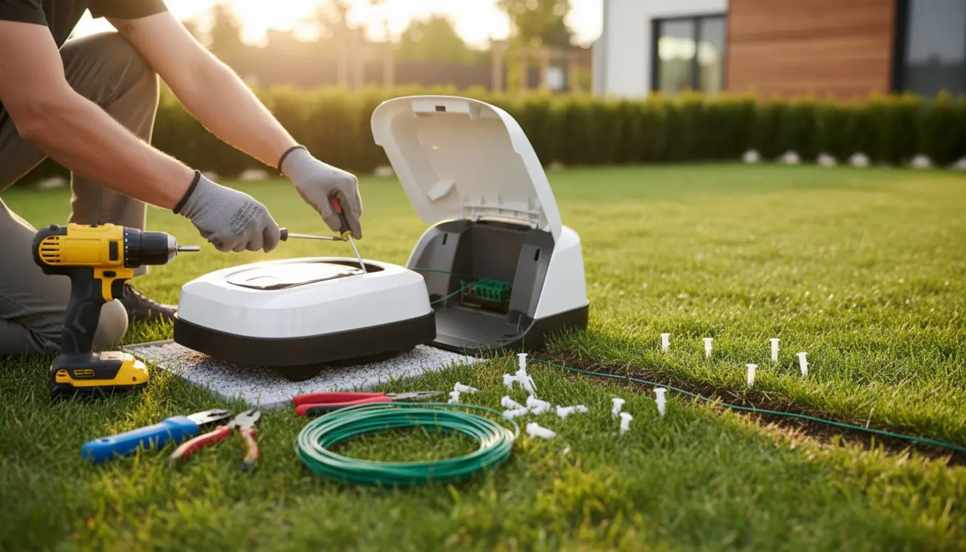 Tekniker forbinder afgrænsningskabel og monterer garage til en robotplæneklipper på en velplejet græsplæne.