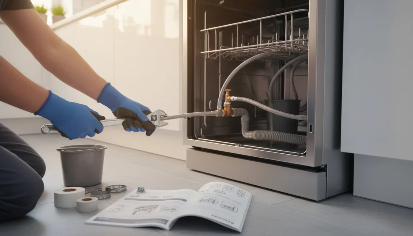Hænder tilslutter en lille opvaskemaskine under køkkenbordet med værktøj og manual ved siden af.