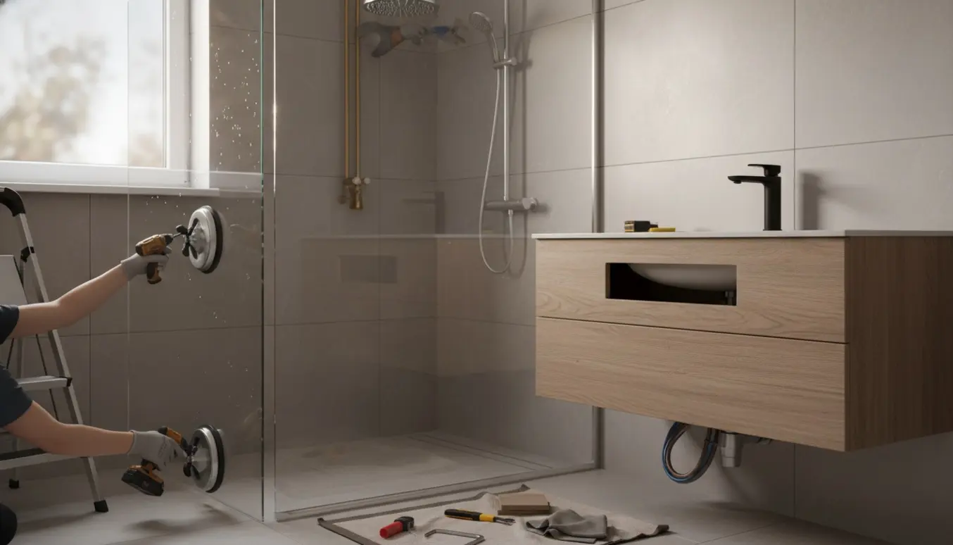 Installering af brusevæg og rainshower med delvist monteret vaskemøbel og værktøj i et lyst badeværelse.