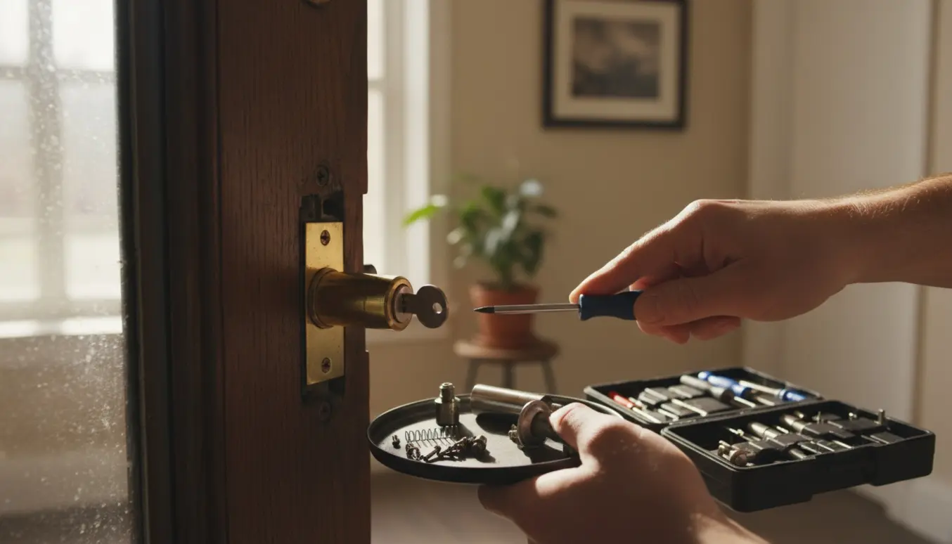 Nærbillede af hænder, der reparerer en indvendig dørlås med skruetrækker, reservedele og en nøgle i cylinderen.