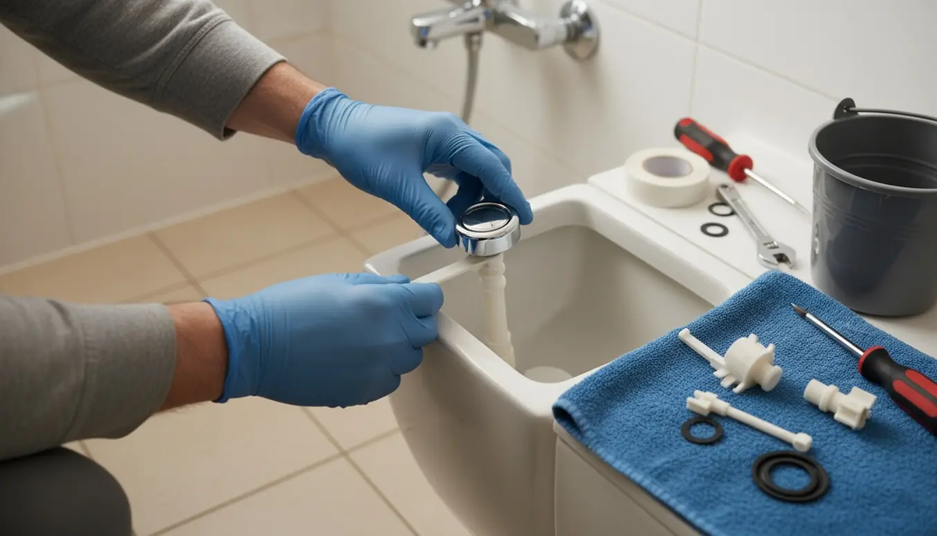 Nærbillede af hænder, der monterer en ny flush-knap i en åben toiletcisterne med værktøj og reservedele ved siden af.