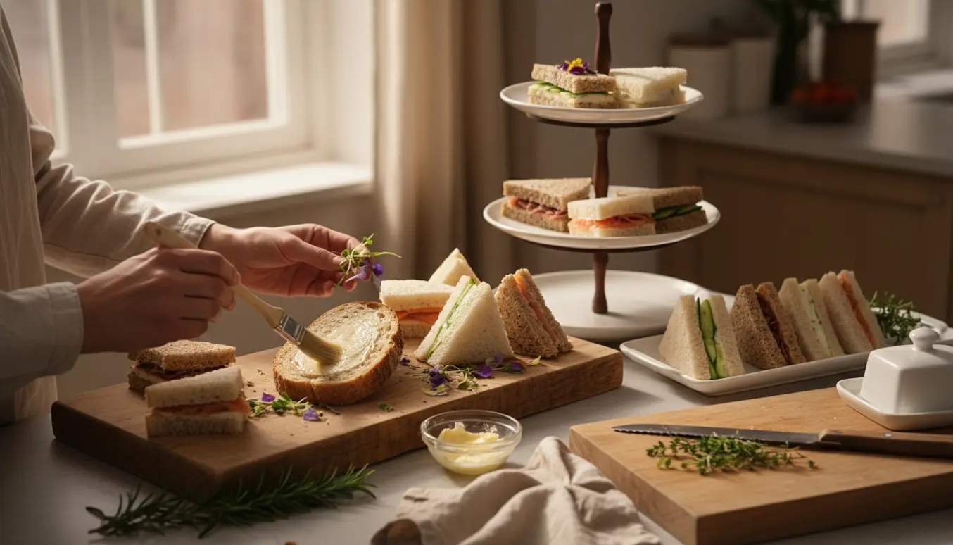 Hænder arrangerer lækre smør-sandwiches på fade i et lyst hjemmekøkken klar til bryllup.