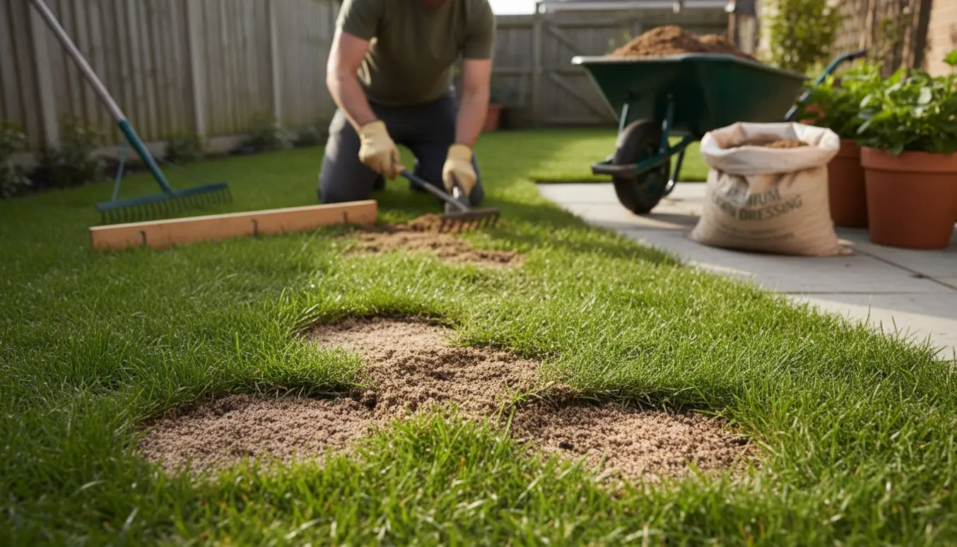 Baghave hvor en person bagfra udjævner græsplænen ved at fylde små huller med topdressing.