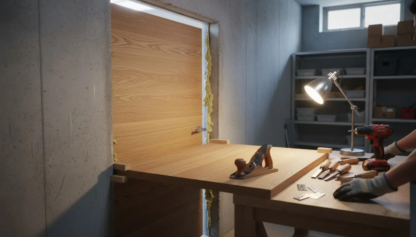 En håndværker tilpasser en specialbygget trædør i en smal kælderdøråbning, klar til tæt lukning.