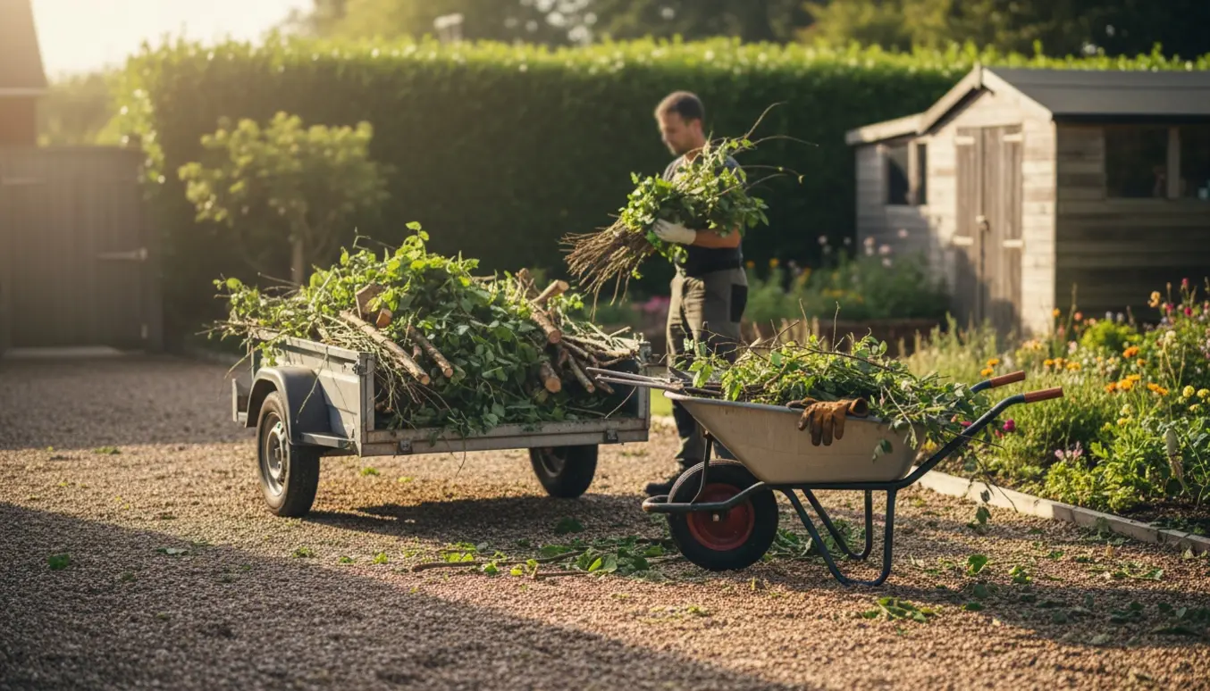 Afklippede grene læsses på en trailer i en villahave, set bagfra i blødt morgenlys.