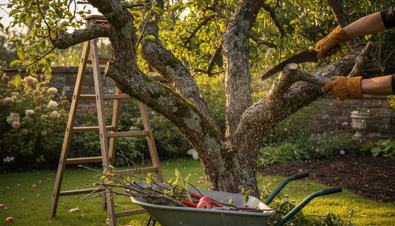Gammelt knudret æbletræ beskæres med sav og stige, grene i trillebør i blødt sollys.