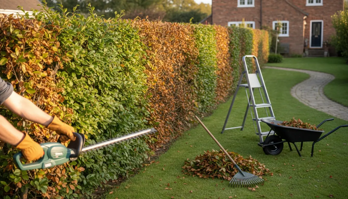 Person trimmer bøgehæk med elektrisk hækkeklipper i solskin, uden synlige ansigter.