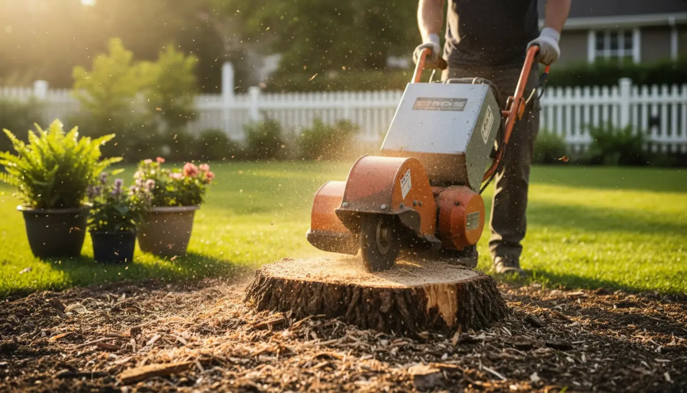 En stubfræser fjerner en lille træstub i en solbeskinnet have med friske træflis spredt omkring.