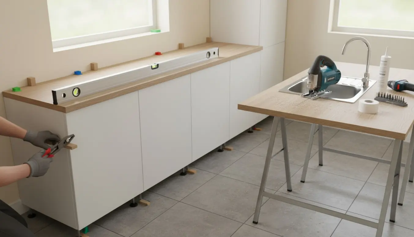 Opsætning af underskabe i bryggers med shims under skabene, udskåret bordplade, vask og armatur klar til montering.