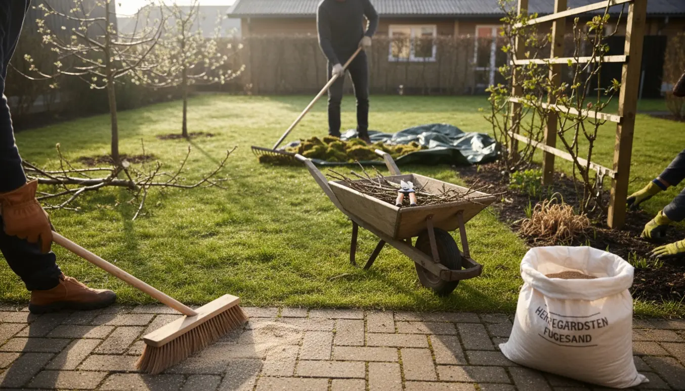 Forårsklargøring af rækkehushave med beskæring af træer og roser, mosrivning af plæne og fejning af sand i flisefuger.